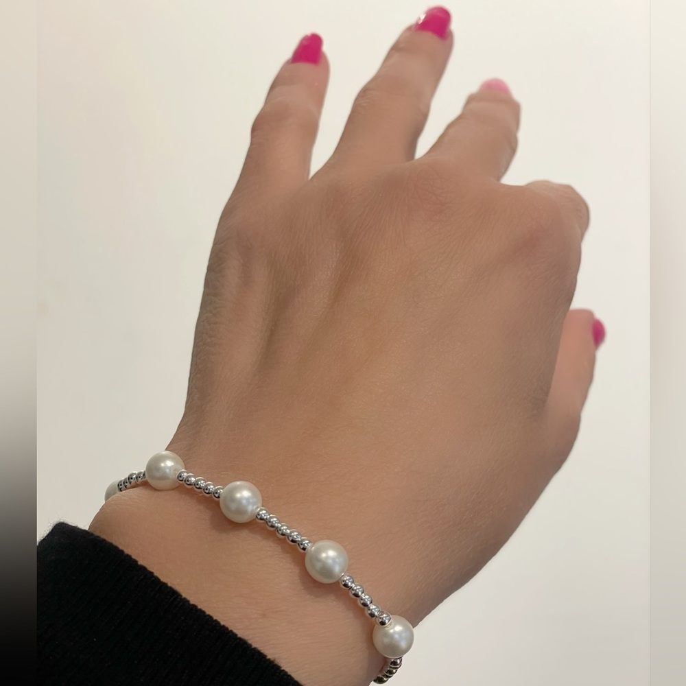 Sterling silver beaded and synthetic pearl adjustable bracelet